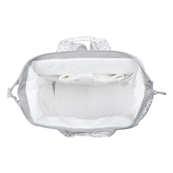 Interior da mala acolchoada branca com padrão de pontos cinza e alça cinza claro