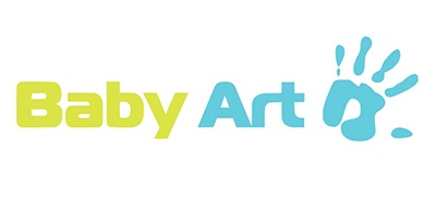 Logótipo Baby Art com texto e padrão de mão e pegada de bebé em azul