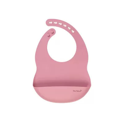 Babete de silicone cor-de-rosa com bolso frontal e fecho ajustável