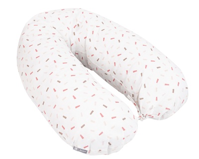 Almofada de amamentação branca com padrão colorido e etiqueta cinzenta