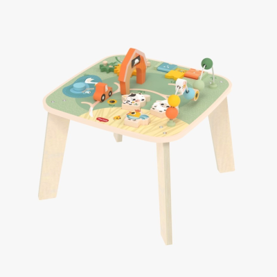 Mesa de atividades infantil em madeira com brinquedos coloridos e texto Tiny Love