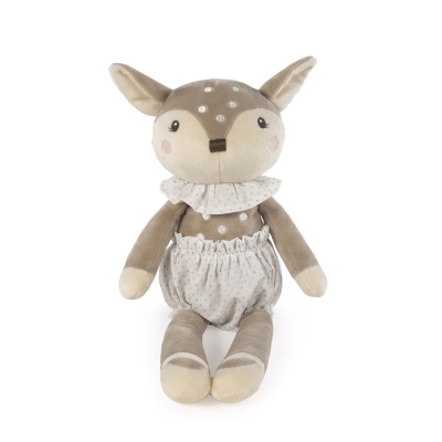 Boneco de peluche veado castanho com roupa branca e babado