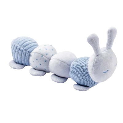 Brinquedo caracol de peluche azul com várias texturas