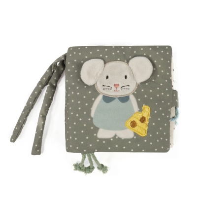 Livro de tecido cinza com pintas e rato aplicado segurando queijo amarelo