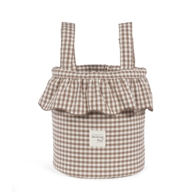 Saco xadrez bege e branco com alças e folho, etiqueta Walking Mum.