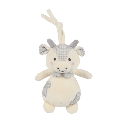 Pelúcia de vaca creme e cinza com padrão xadrez e cordão para pendurar