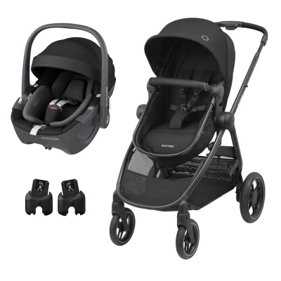 Carrinho de bebé preto com cadeira auto preta e dois adaptadores