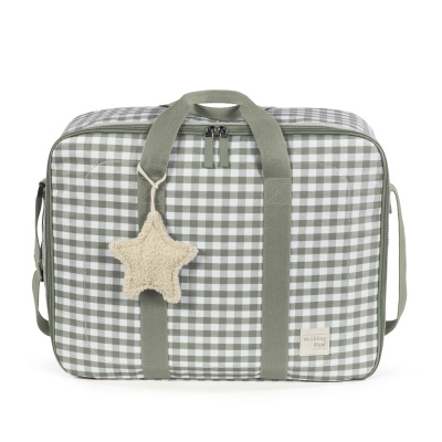 Mala de viagem xadrez cinzenta com pendente de estrela peluda