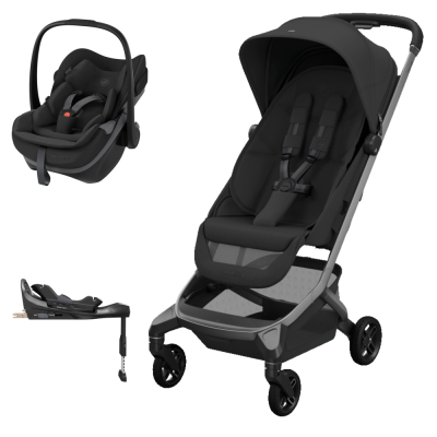 Carrinho de bebé preto com cadeira auto e base de fixação
