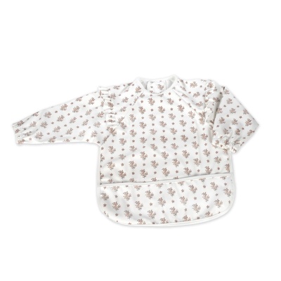 Babete de manga comprida branco com padrão floral castanho e bolso frontal