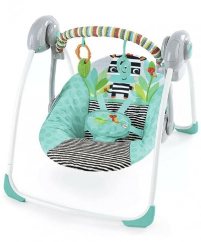 Cadeira baloiço bebé azul turquesa com brinquedos e padrão de zebra