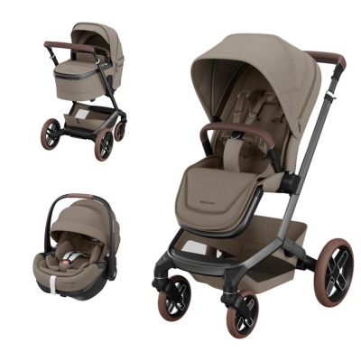 Conjunto de carrinho de bebé e alcofa bege com estrutura preta