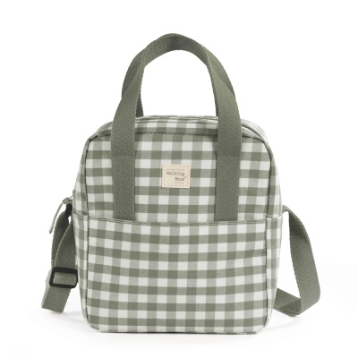 Mala quadrada xadrez verde branco com alças tecido e etiqueta