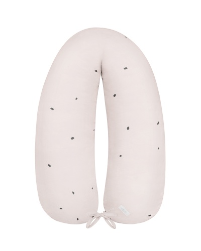 Almofada de gravidez bege claro com padrão de pontos pretos e fita para amarrar