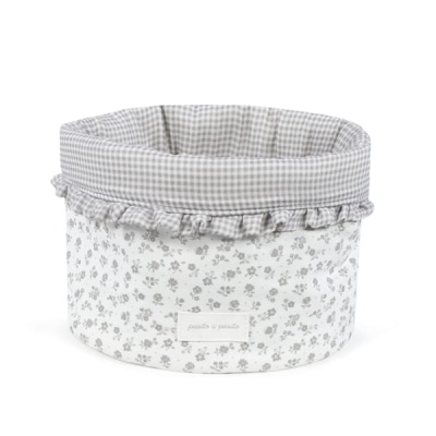 cesto redondo em tecido com padrão floral cinzento e interior xadrez
