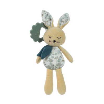 Pelúcia coelhinho bege e azul com mordedor verde