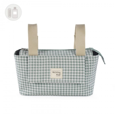 Bolsa xadrez verde-água e branco com alças bege e etiqueta 'Walking Mum'