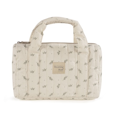 Mala pequena de tecido bege com padrão de folhas e etiqueta Walking Mum