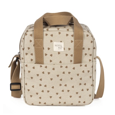 Mala quadrada bege com corações castanhos e alças castanhas