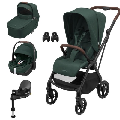 Conjunto carrinho de bebé preto e verde escuro com acessórios