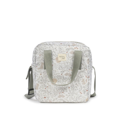 Mochila com padrão de coelhos e folhas em tons pastel com etiqueta Walking Mum