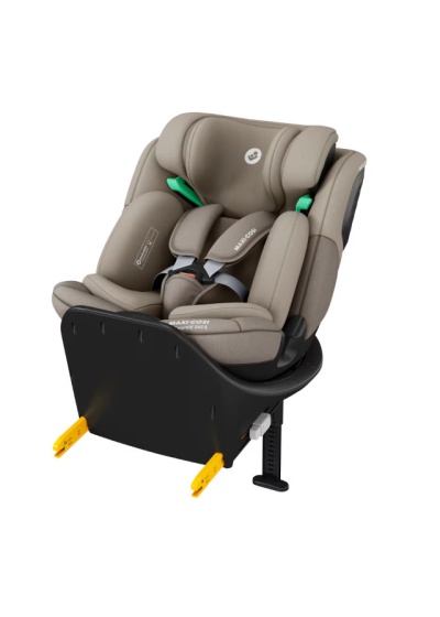 Cadeira auto Maxi-Cosi em tecido bege com base preta e cintos cinza