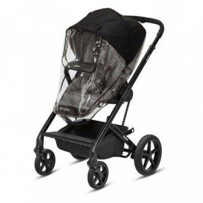 Carrinho de bebé preto com cobertura transparente e preta