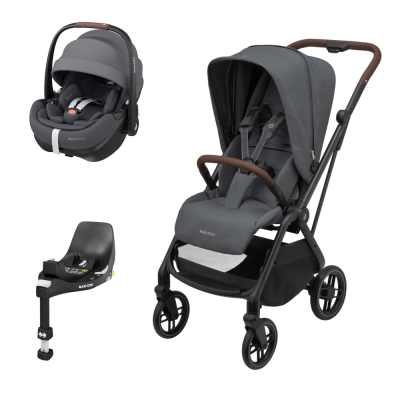 Carrinho, cadeirinha para carro e base de fixação cinza escuro e preta da marca MAXI-COSI