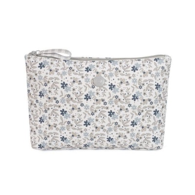 Estojo branco com padrão floral azul, cinza e bege e fecho de correr