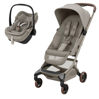 Cadeirinha de bebé bege Maxi-Cosi e carrinho de passeio com assento almofadado e rodas castanhas