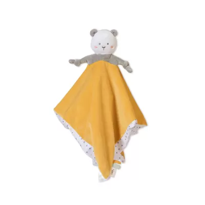 manta de bebé amarela com cabeça de urso cinza e corpo cinza claro