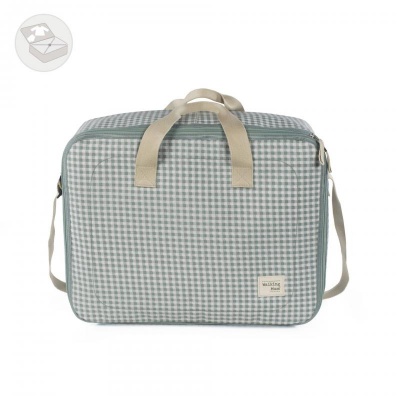 Mala de mão xadrez cinza claro com alças bege e etiqueta frontal