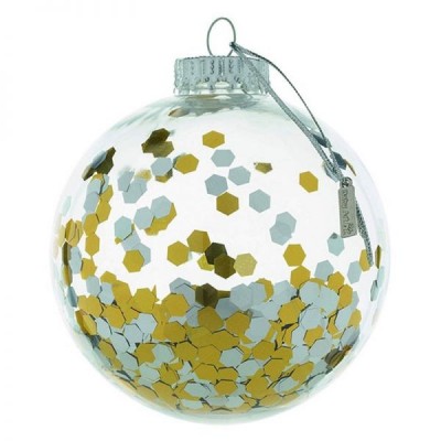 bola de natal transparente com confetes dourados e prateados