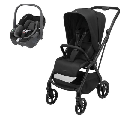 Carrinho e cadeirinha de bebé pretos com estrutura metálica e tecido