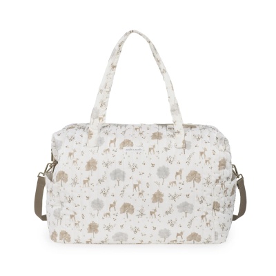 Mala de viagem branca com padrão de animais e árvores em bege, castanho e cinza