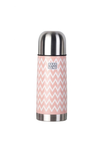 Garrafa térmica rosa claro com padrão ziguezague branco e tampa metálica prateada