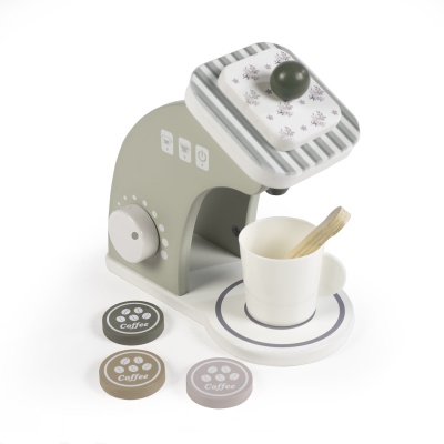 Máquina de café de brinquedo com chávena e discos de café em madeira