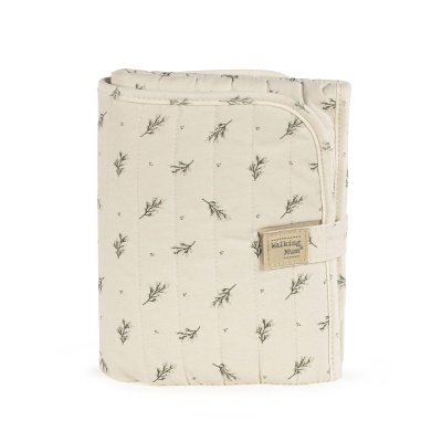 Estojo almofadado bege claro com padrão de ramos verdes e fecho com aba