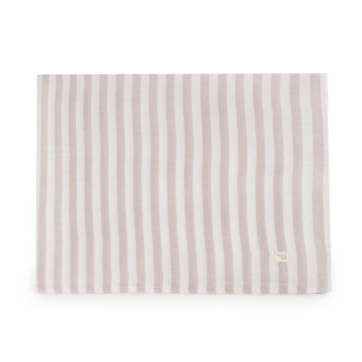 Toalha ou pano de algodão às riscas bege e branco com etiqueta