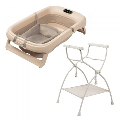 Bacia dobrável de banho rosa com estrutura metálica branca