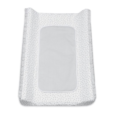 Trocador de bebé branco com padrão cinza de folhas e centro quadriculado