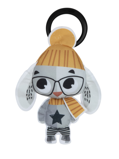 Brinquedo pendente de coelho em tecido com roupa e argola preta