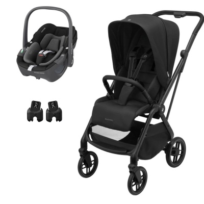 Carrinho de bebé preto com cadeira-auto preta e suportes de fixação