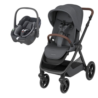 Carrinho de bebé cinza escuro com cadeirinha de carro