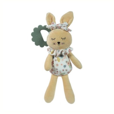 Brinquedo coelho tecido amarelo com padrão floral e mordedor verde