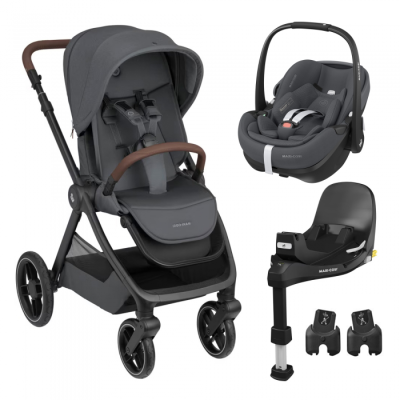 Carrinho de bebé cinza com cadeirinha auto e base pretos