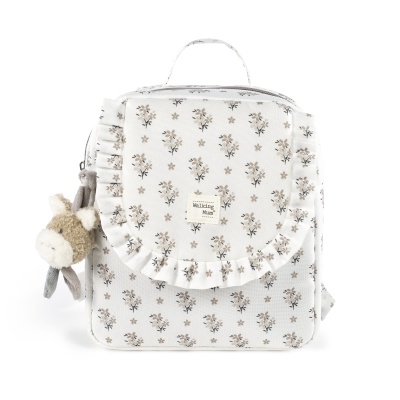 Mochila branca com padrão floral e pendente de peluche
