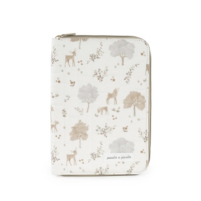 Estojo branco com padrão de árvores e veados e fecho de correr