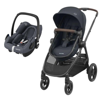 Carrinho e cadeirinha azul escuro com detalhes castanhos e estrutura preta