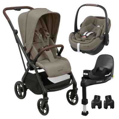 Carrinho de bebé e cadeirinha auto Maxi-Cosi bege e preto com base de fixação